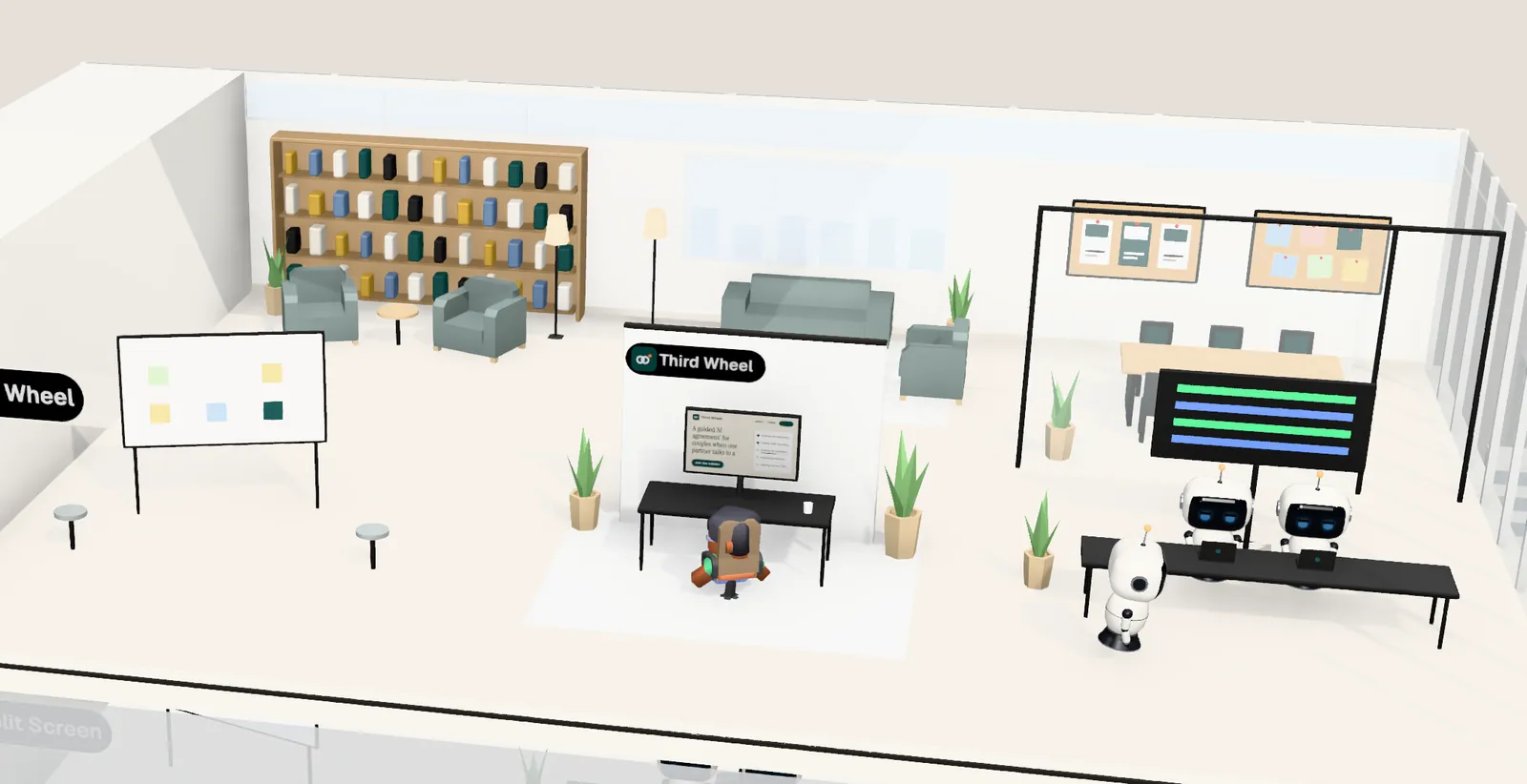 Third Wheel’s office on floor 27 of Tower 2: the owner’s desk with the website on screen, the agents’ bench, a meeting room and a library